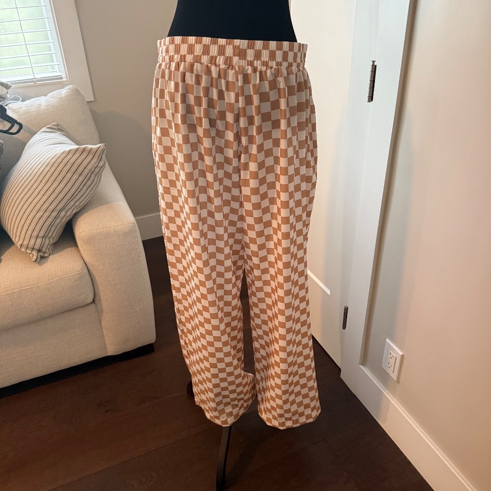 Wide Leg Checkered Pants XL Tan White Pull-On Elastic Waist Lounge Pants - Picture 2 of 7